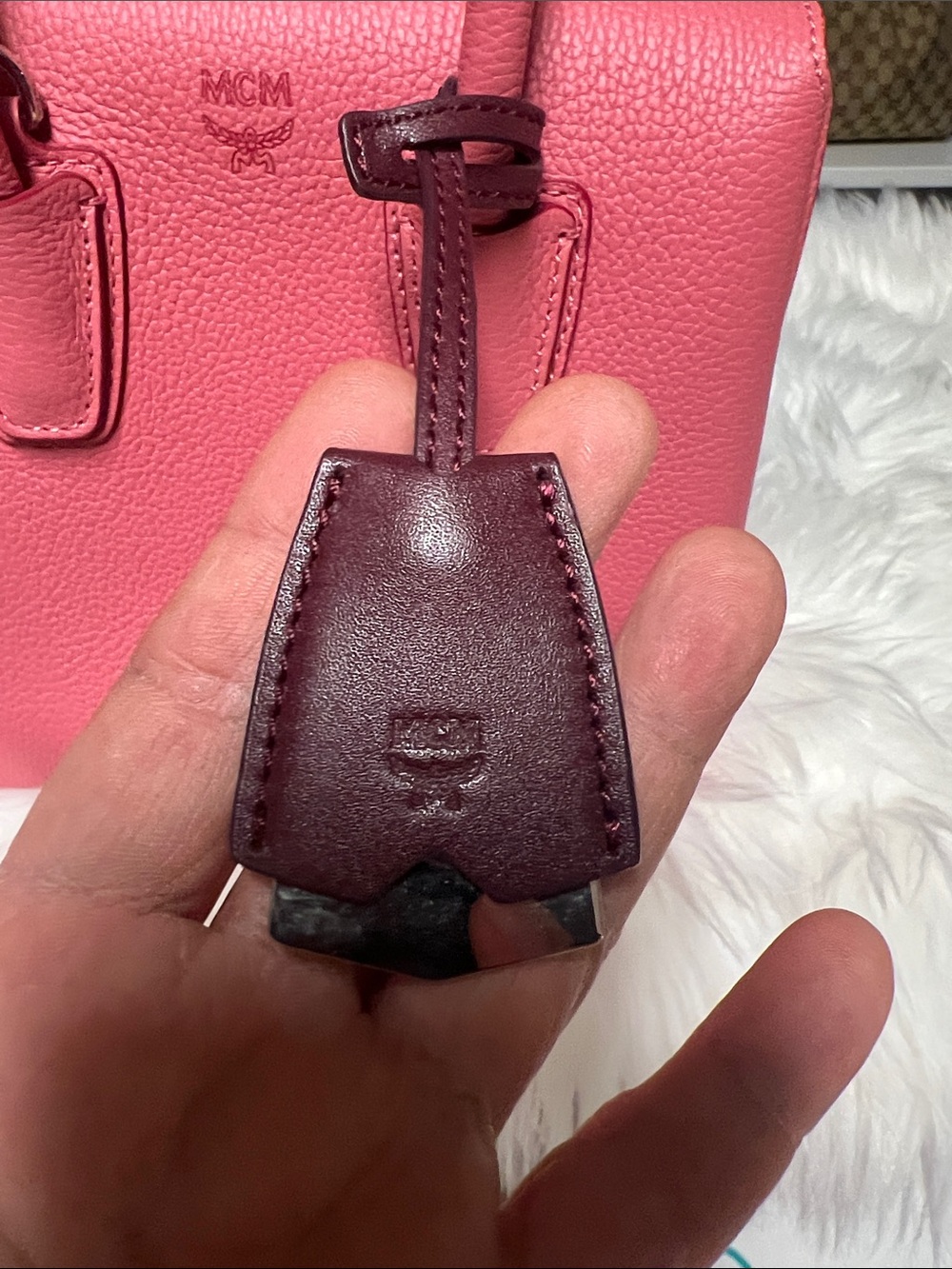 MCM Coral Pink Leather Top-Handle Satchel with Burgundy Tag - Picture 3 of 10